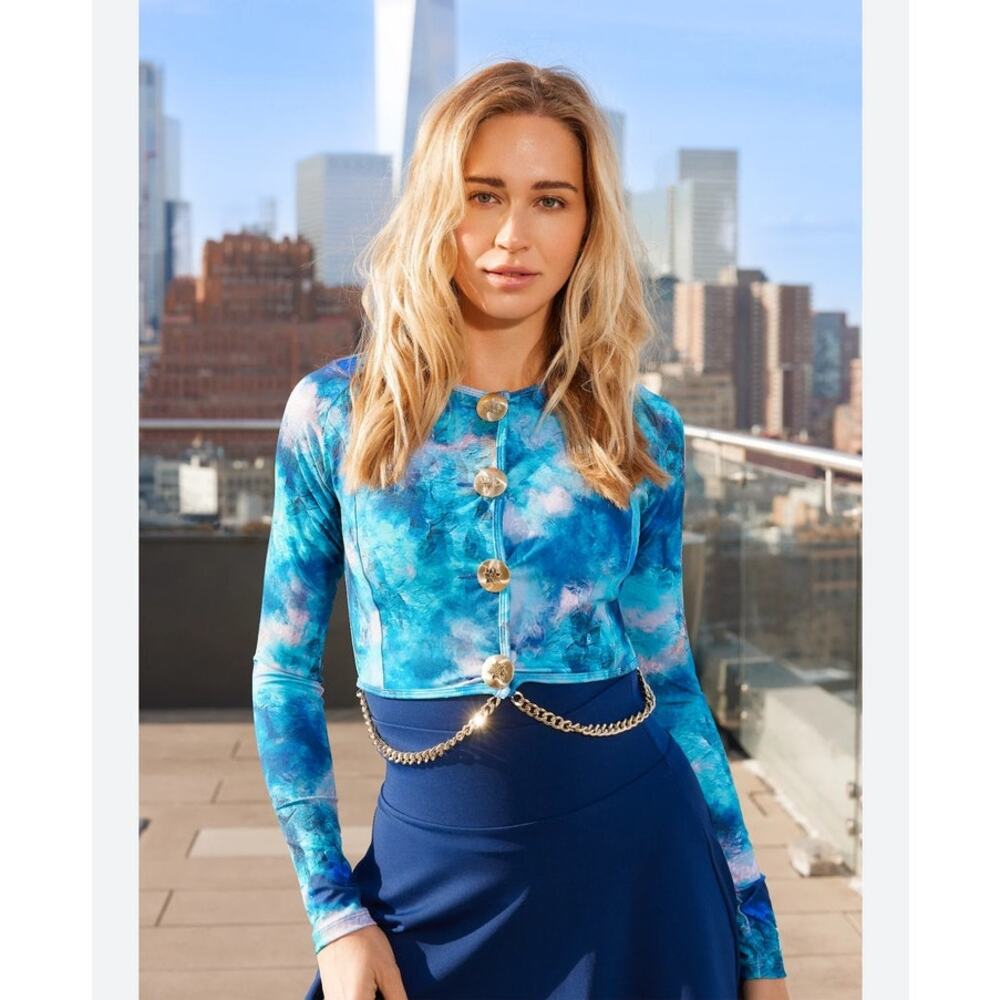 Hadia Ghaleb | NWT Modest Luxury Long Sleeve Swim Top Icing Watercolor Blue Sm